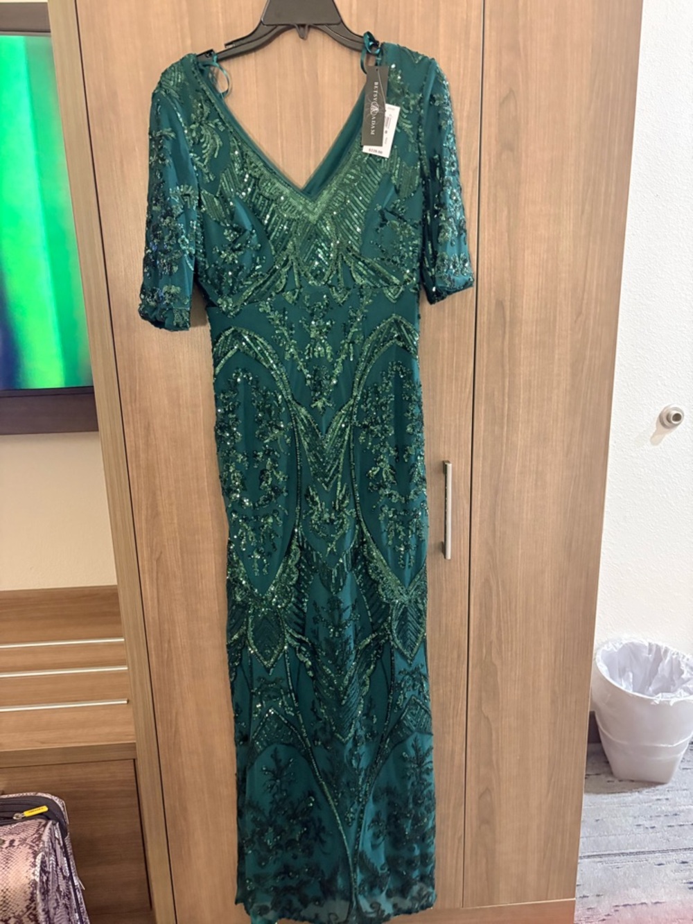 Betsy & Adam Emerald Green Beaded V-Neck Maxi Dress